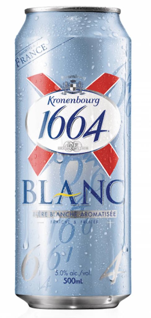 Chilled 500ml Kronenbourg 1664 Blanc can with condensation on light blue metallic background Wallpaper