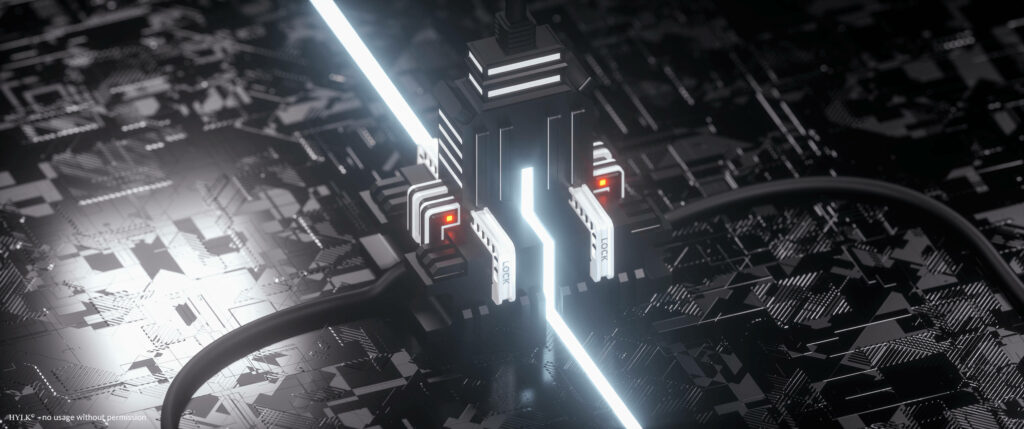 Detail of futuristic motherboard with neon lights and circuit patterns - modern technology wallpaper.