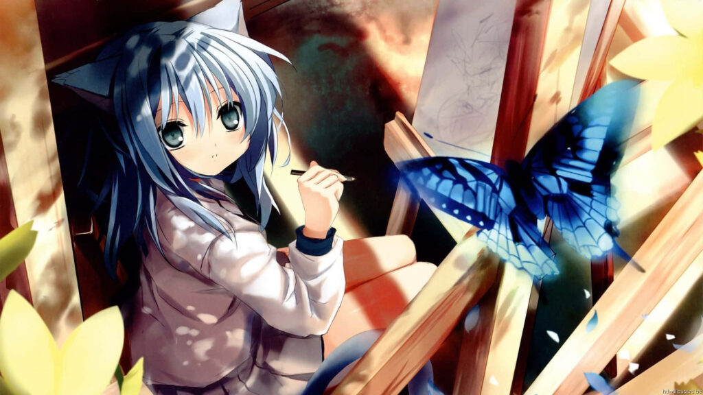 Charming Nekopara Wallpaper: Cat-Girl Gazing at Butterfly