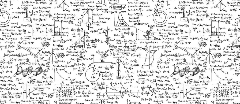 High-resolution wallpaper with dense physics equations and math formulas in black on white background