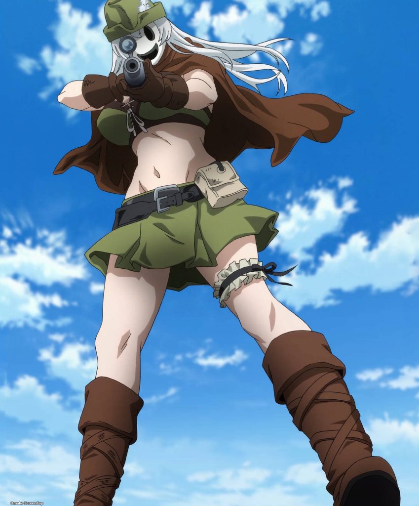 High-Rise Invasion anime wallpaper mysterious smiley mask girl aiming gun green tactical outfit