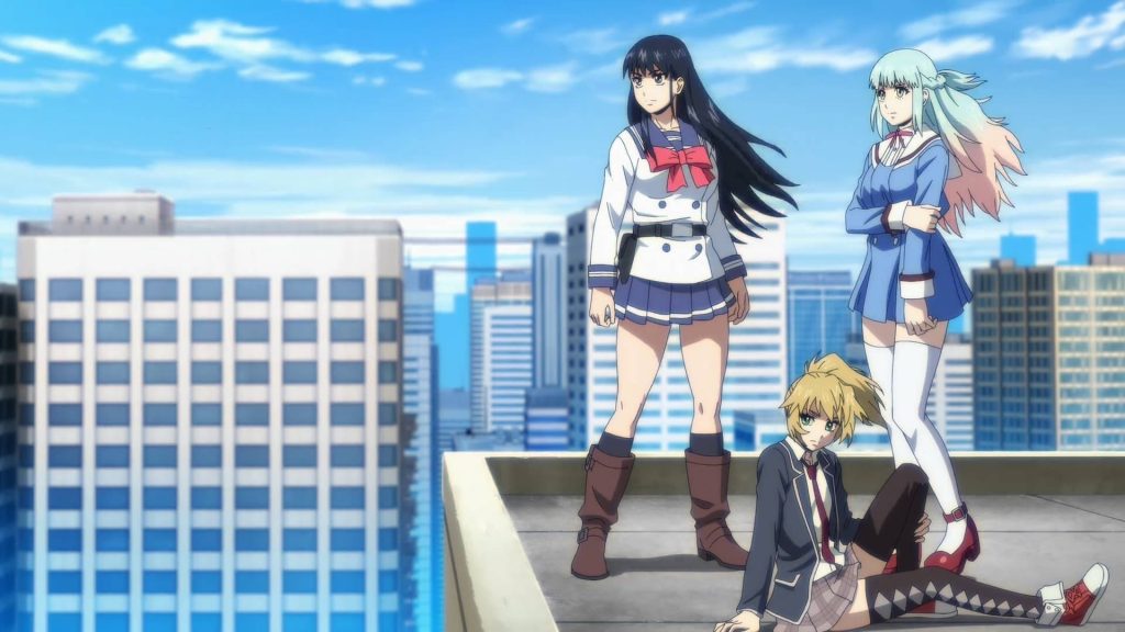 High-Rise Invasion anime wallpaper with Yuri Honjo Mayuko Nise and Kuon Shinzaki on rooftop