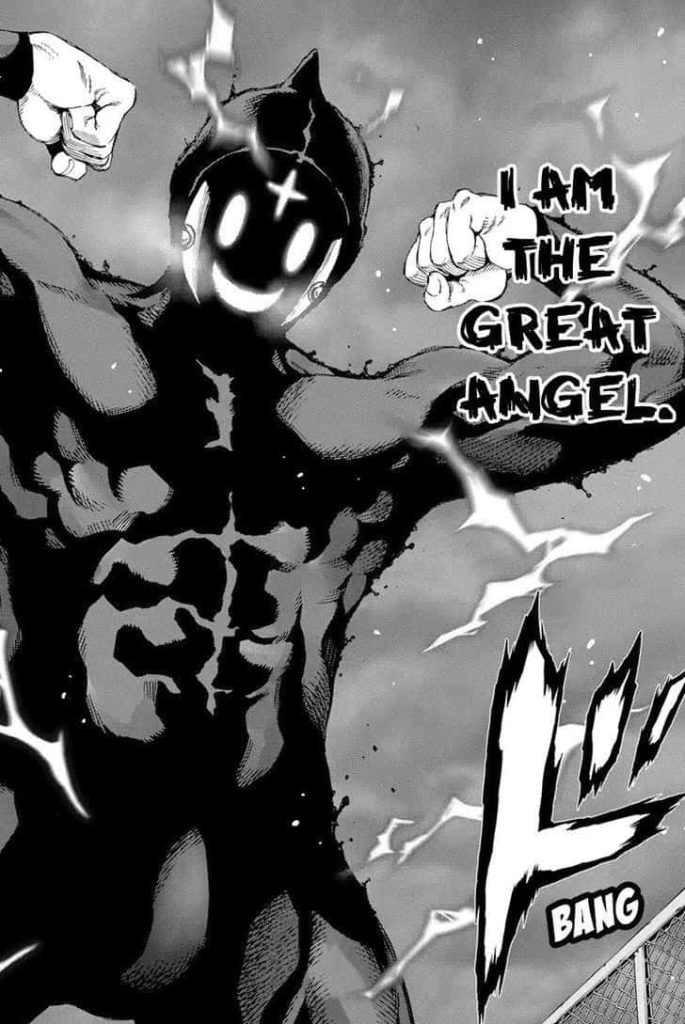 High-Rise Invasion Great Angel manga wallpaper showing muscular figure with smiley mask intense look