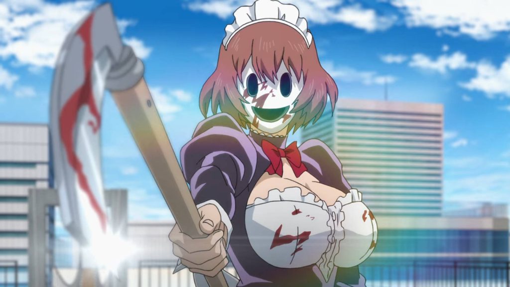 High-Rise Invasion Maid Mask with bloody scythe on rooftop blue sky horror anime wallpaper