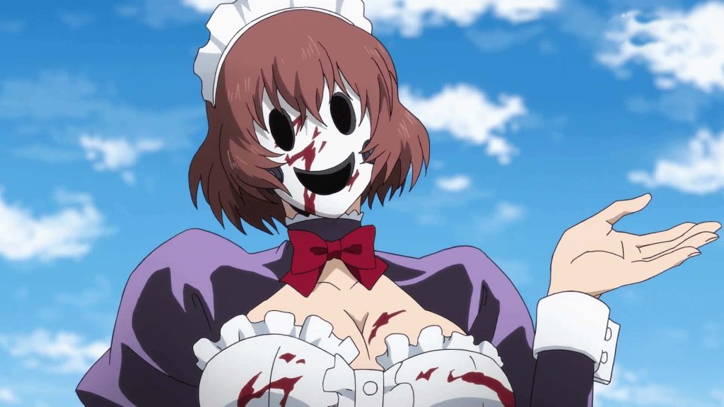 High-Rise Invasion Maid Mask in bloodied maid outfit against bright blue sky horror anime wallpaper