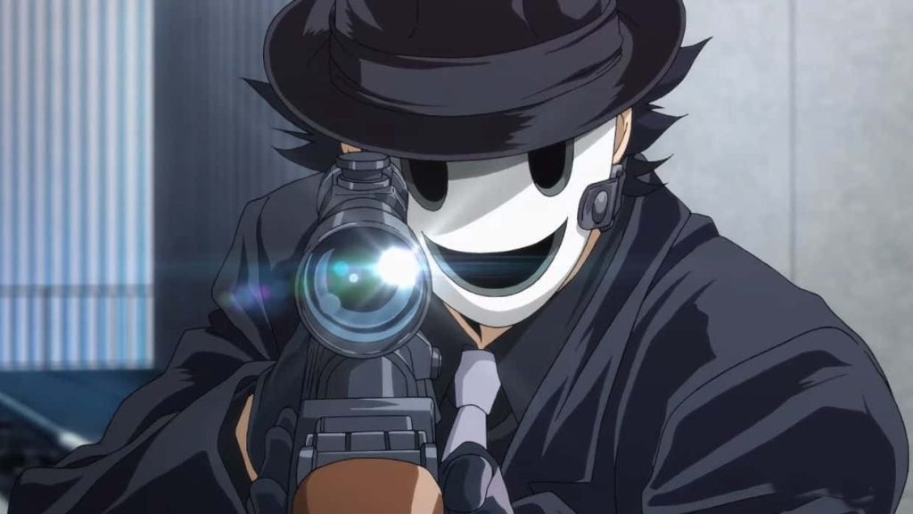 Sniper Mask in black suit aiming scoped rifle with lens flare High Rise Invasion wallpaper