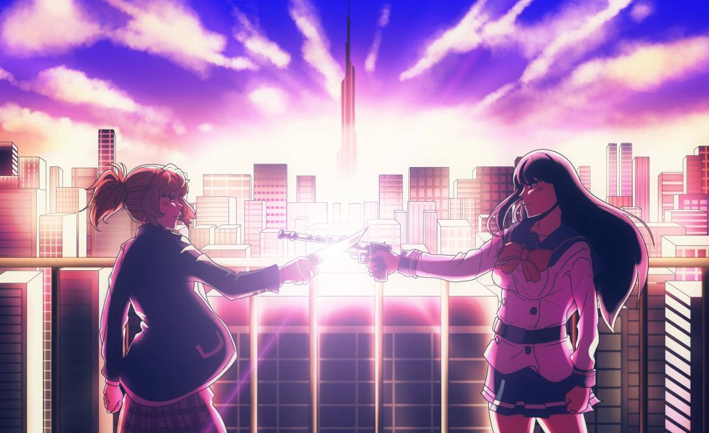 High-Rise Invasion anime wallpaper Yuri Honjo Mayuko Nise fighting sunset futuristic skyline