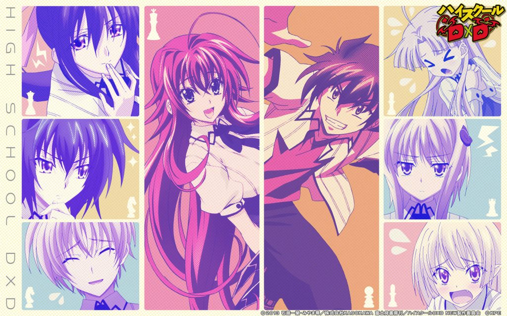 High School DxD anime wallpaper featuring Rias Gremory Issei and friends pastel pop-art design