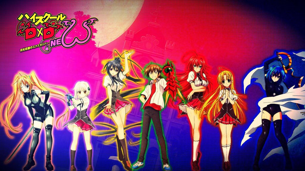 High School DxD wallpaper featuring Issei Rias Akeno Koneko Asia Xenovia Irina red purple gradient background