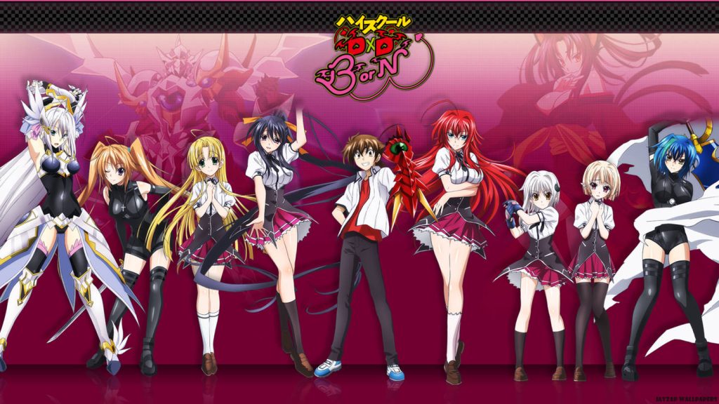 High School DxD Born wallpaper featuring Issei Hyoudou Rias and team on magenta background