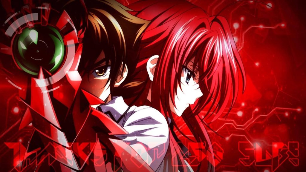 High School DxD wallpaper Issei Hyoudou with Boosted Gear and Rias Gremory on red background