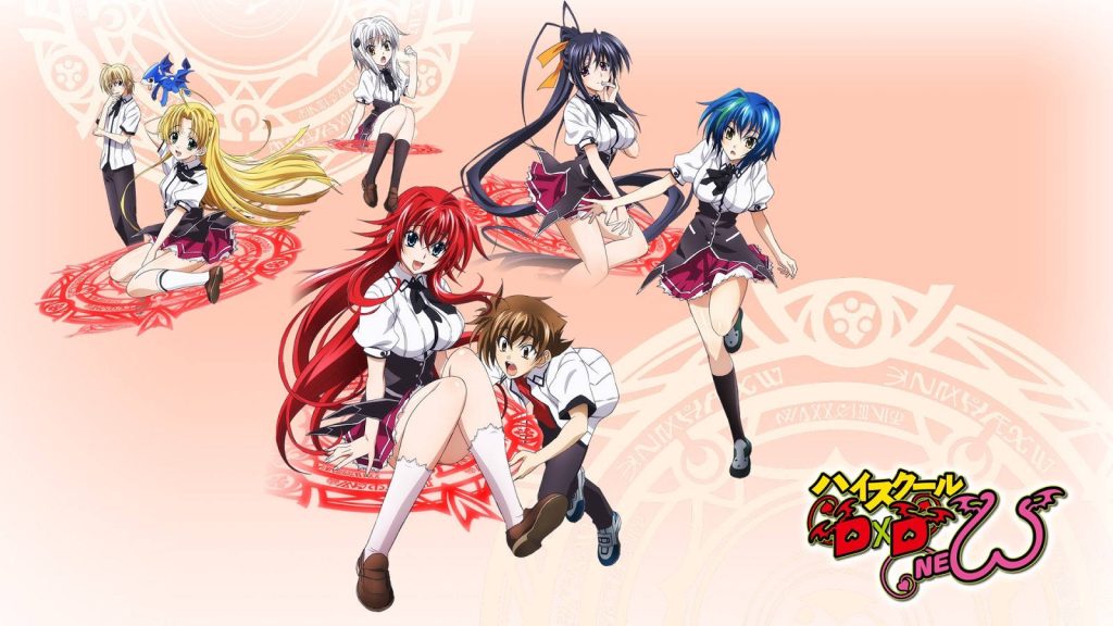 High School DxD wallpaper featuring Issei Rias Asia Akeno Xenovia Gaspar with magical pink runes background