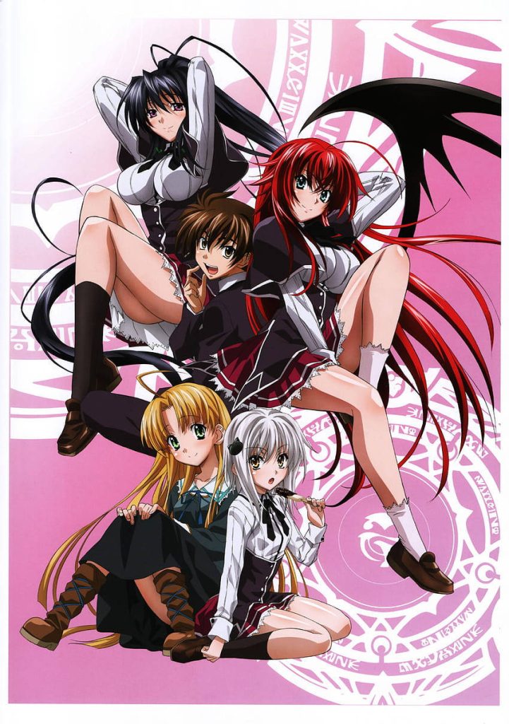High School DxD wallpaper with Issei Hyoudou Rias Gremory Akeno Asia and Koneko on pink magic circle background