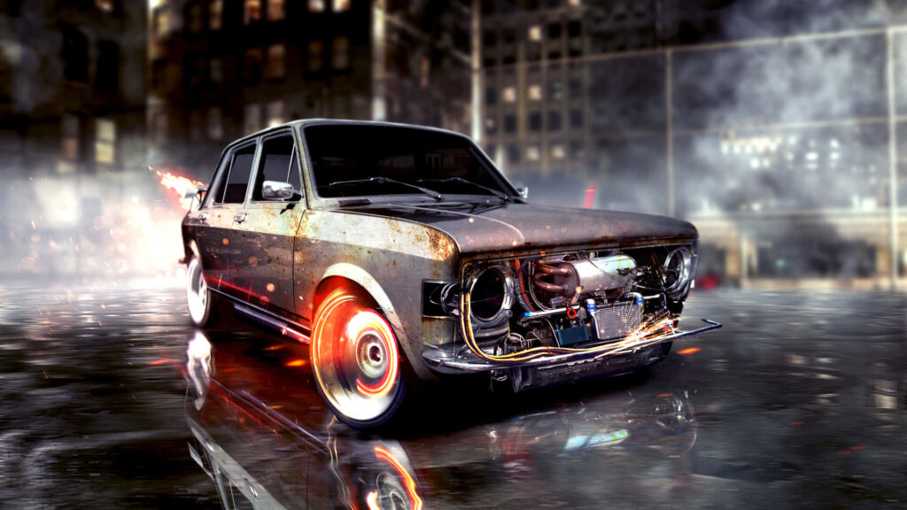 High-speed car with glowing wheels racing on wet city street at night intense speed wallpaper