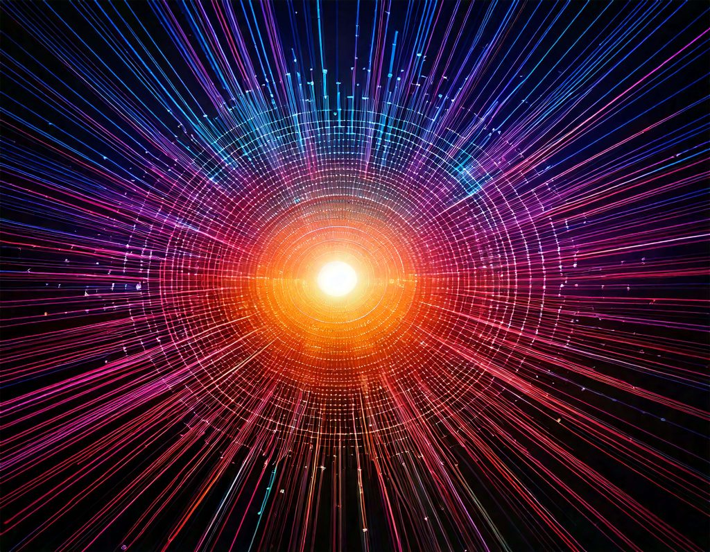 Radial digital connection wallpaper with glowing light rays in blue purple and red hues