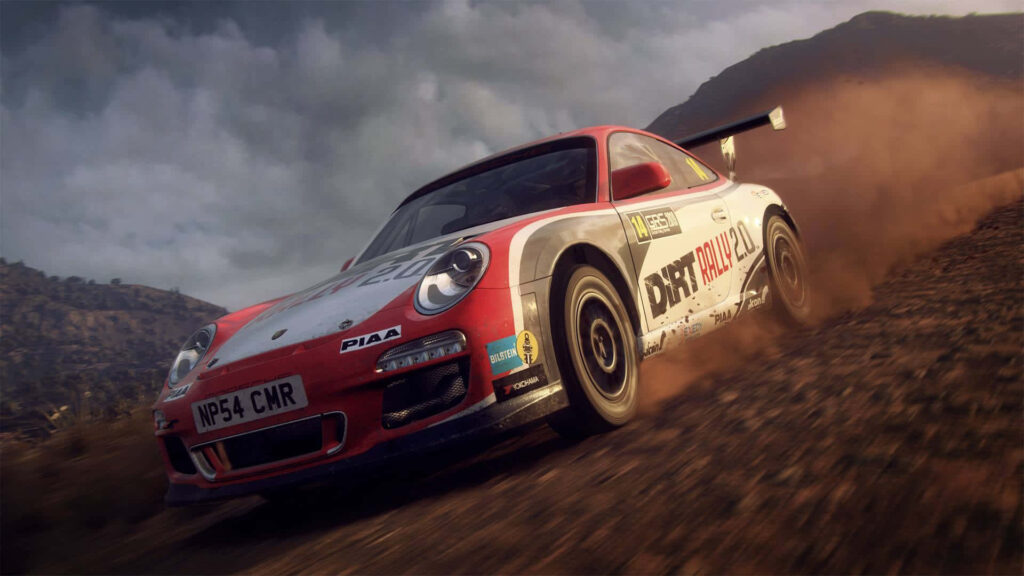 High-speed rally car racing on rugged dirt track kicking up dust in intense action scene Wallpaper