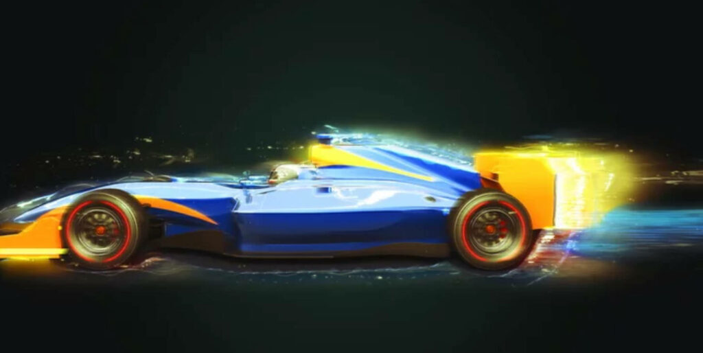 High speed Formula 1 car with vibrant blue and yellow light trails in stunning 4K wallpaper