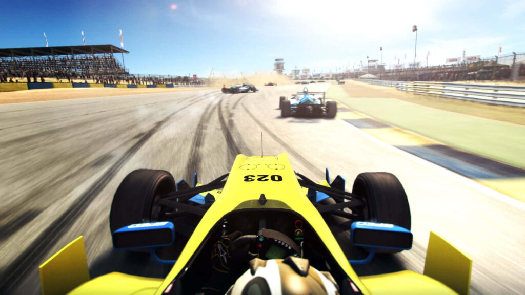 High-speed formula car racing on sunlit racetrack intense competition HD Grid Autosport wallpaper