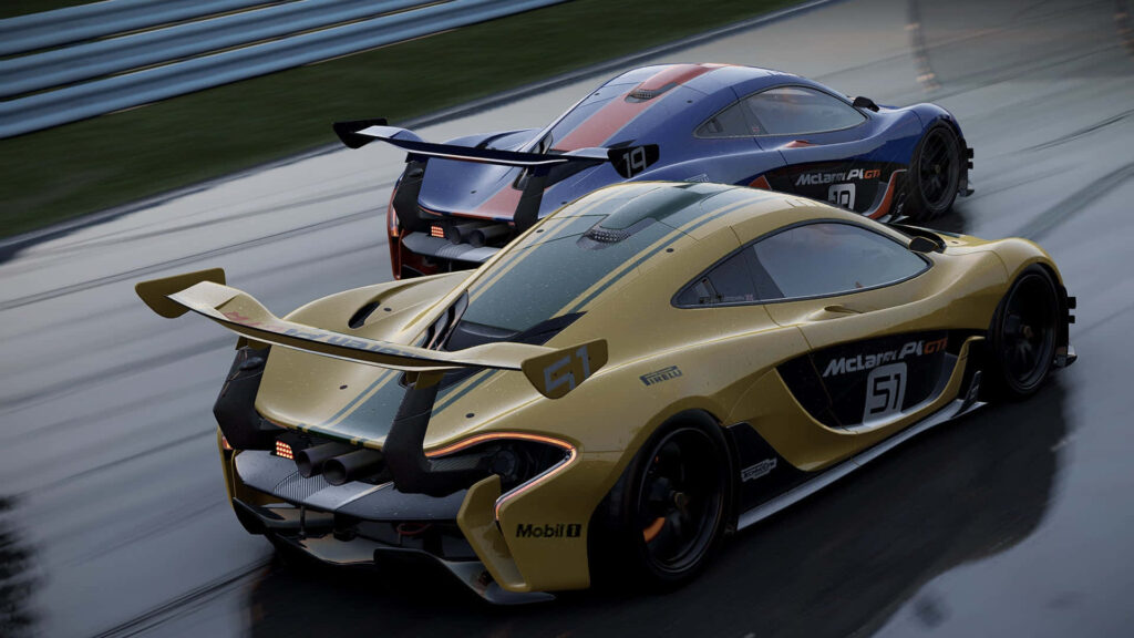 High-speed wet track racing with realistic McLaren P1 GTRs in Project Cars wallpaper background