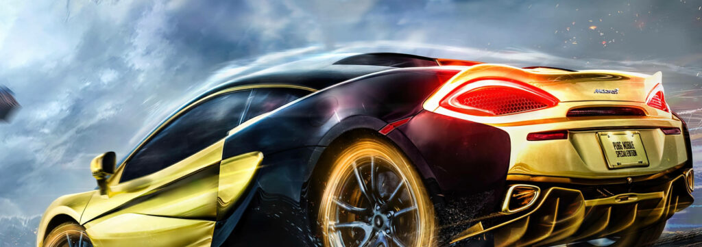 High-speed sports car drifting under dramatic sky dynamic Need For Speed Most Wanted PC wallpaper