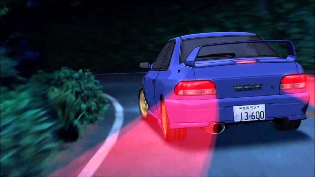 Bunta Fujiwara’s blue Subaru Impreza WRX GC8 racing at night on winding touge mountain roads Wallpaper