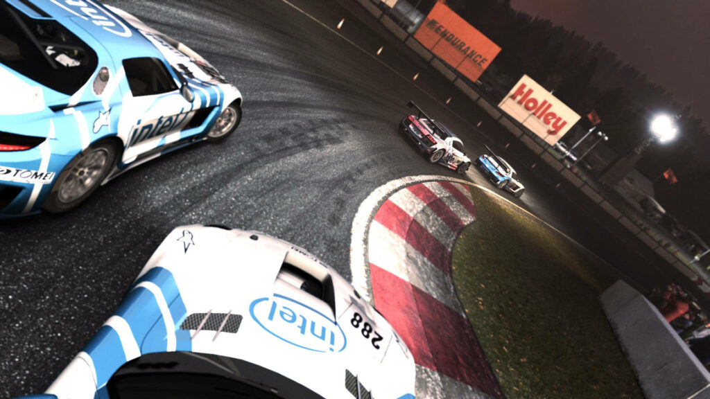 Grid Autosport: Intense Racing Wallpaper with High-Performance Cars Taking a Tight Corner at Dawn or Dusk