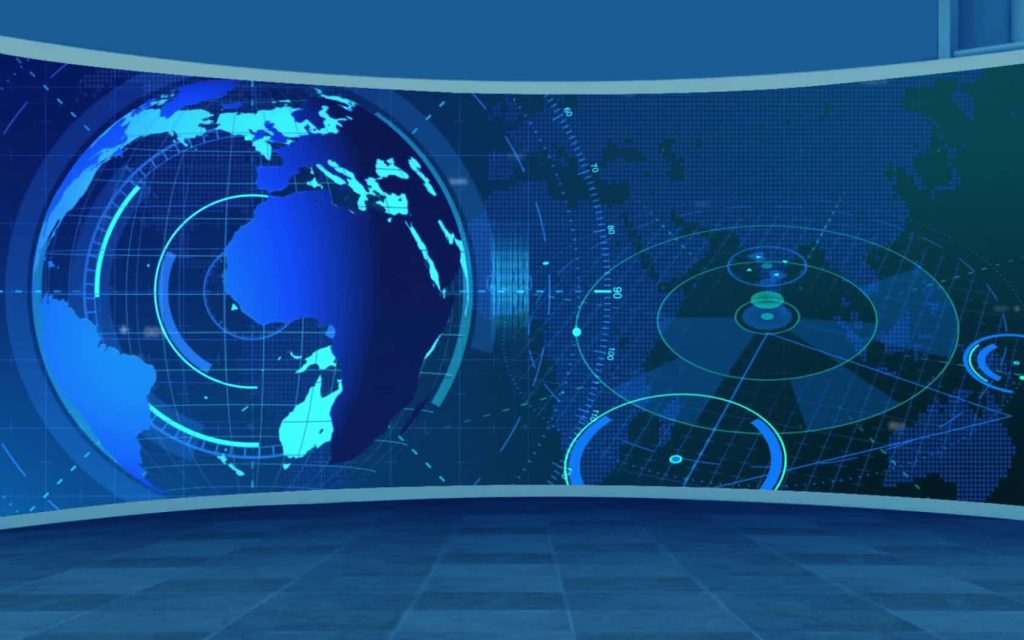 Digital news studio background with curved globe screen radar graphics blue tech grid lines Wallpaper