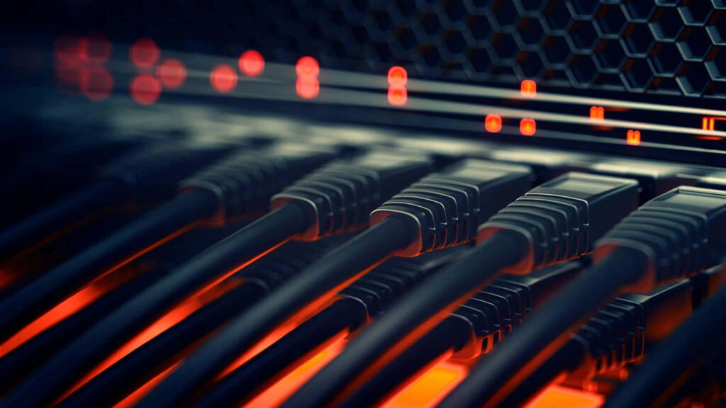 Close-up of network cables plugged into switch with orange and red LED lights on dark background Wallpaper