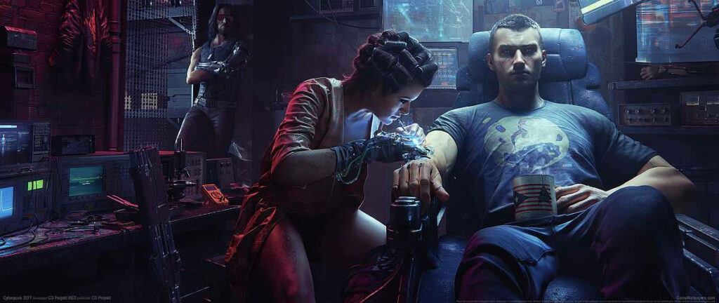 The Future of Human Enhancement: Cyberpunk Figures Engaged in Advanced Implantation and Cybersurgery within Immersive Ultrawide Backdrop Wallpaper