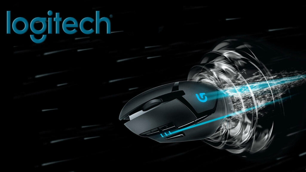 High-tech Logitech mouse with vivid blue light trails on sleek black background showcasing speed Wallpaper