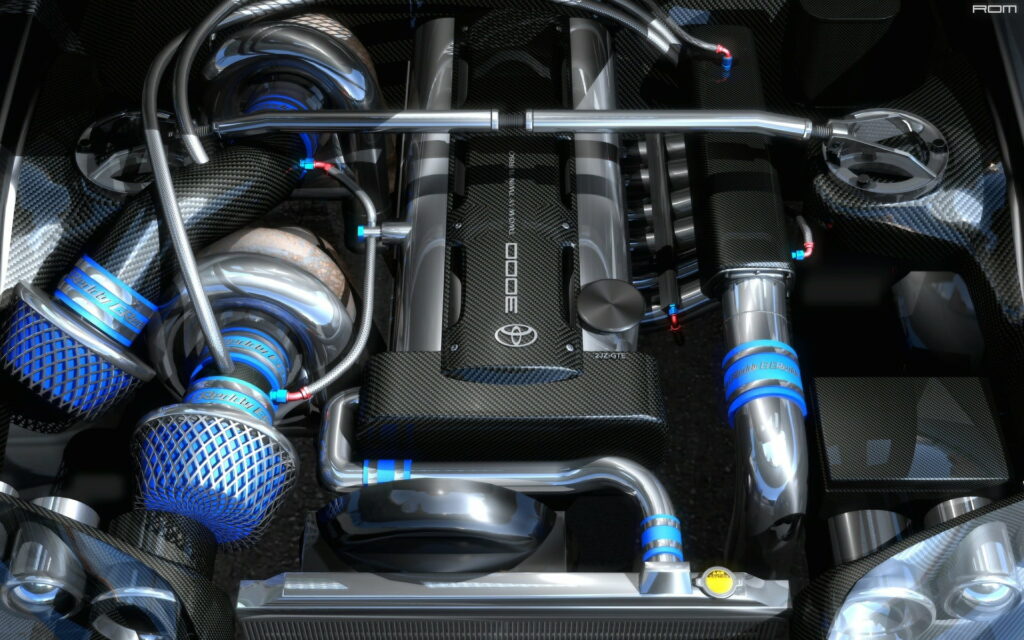 Hyper-detailed 3D Toyota 2JZ-GTE engine with carbon fiber cover and blue GReddy performance parts Wallpaper