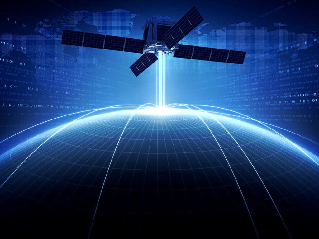 Futuristic Satellite Orbiting Earth: High-Tech Global Connectivity Wallpaper