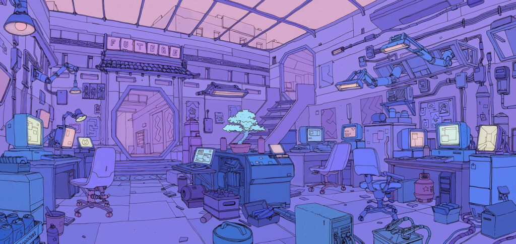 Technological Serenity: A Captivating Purple Anime Aesthetic Office Wallpaper