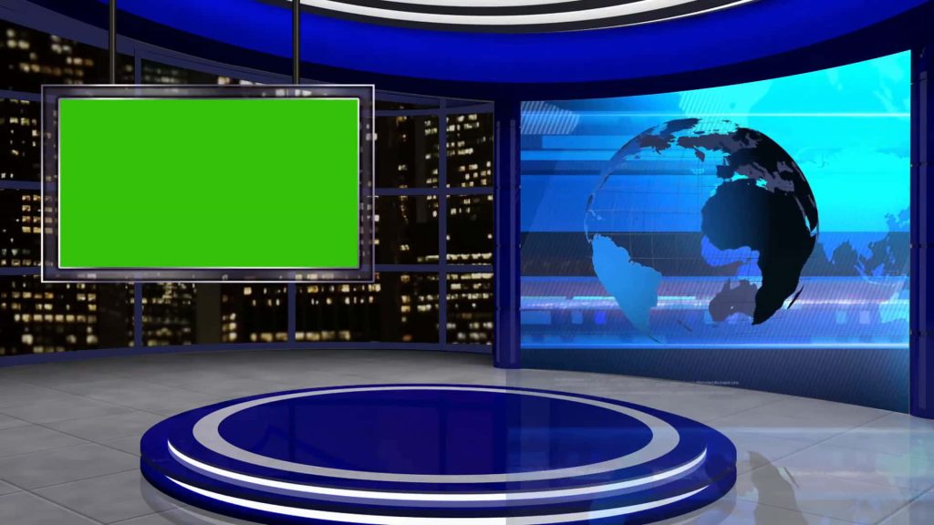 Virtual news studio set with blue dais green screen and digital globe backdrop night skyline Wallpaper