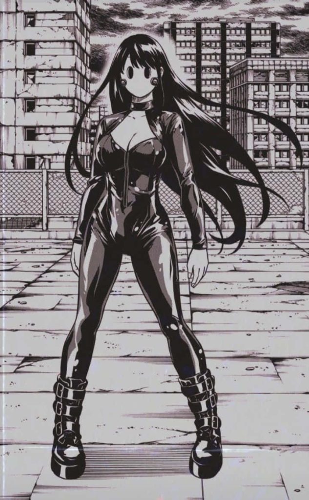 Mysterious masked woman in bodysuit on rooftop intense High-Rise Invasion manga wallpaper