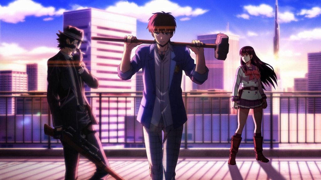 High-Rise Invasion anime wallpaper with Sniper Mask Yuri Honjo on rooftop at sunset cityscape
