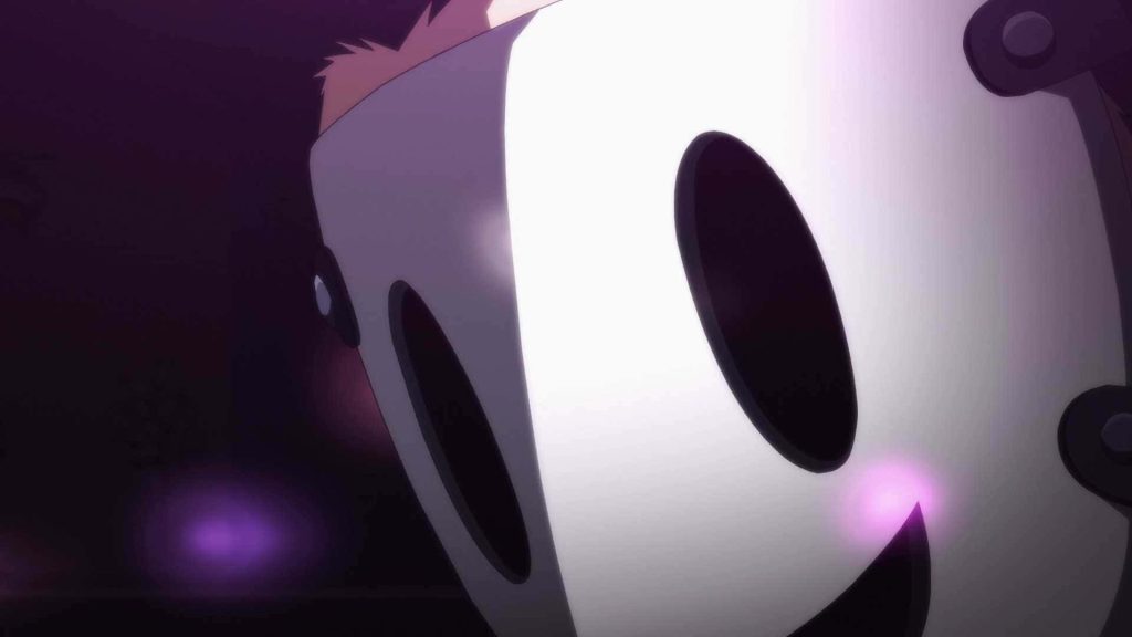 High-Rise Invasion anime wallpaper close-up white smiley mask purple lighting dark sinister background