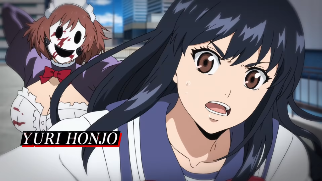 Yuri Honjo fleeing a blood-splattered masked maid assassin on city rooftop anime wallpaper