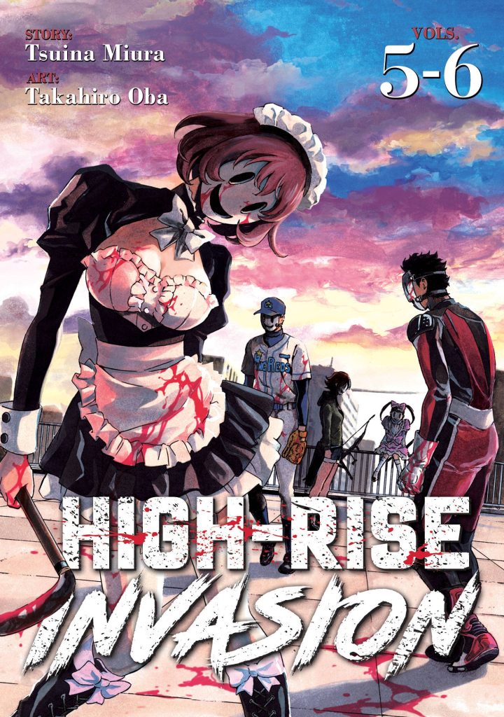 High-Rise Invasion manga cover with blood-splattered Maid Mask on rooftop at sunset sky Wallpaper
