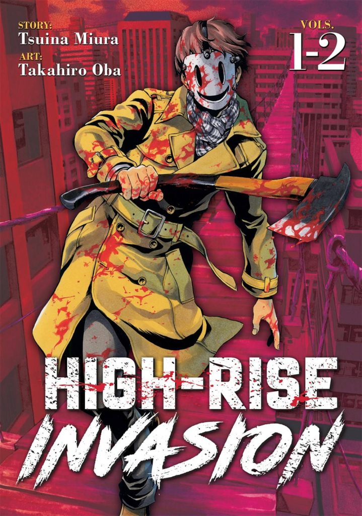 Masked figure in trench coat wields bloodied fire axe in red toned urban horror manga wallpaper