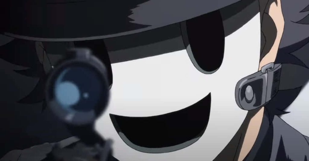 High-Rise Invasion Sniper Mask anime close-up with white smile mask dark fedora rifle scope wallpaper