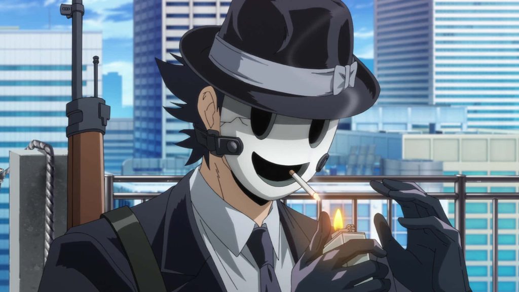 High-Rise Invasion Sniper Mask anime character on rooftop lighting cigarette with rifle nearby Wallpaper