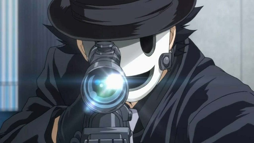 Intense High-Rise Invasion anime wallpaper Sniper Mask antagonist aiming sniper rifle dark fedora