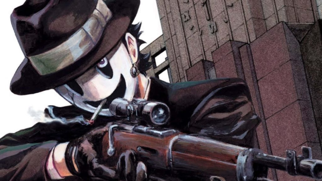 High-Rise Invasion Sniper Mask anime killer with rifle white smiling mask fedora intense wallpaper