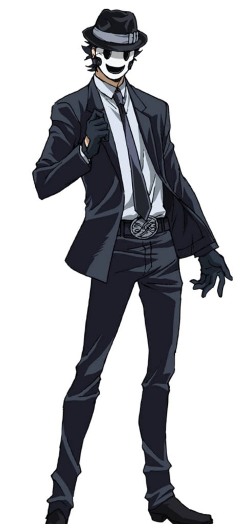 High-Rise Invasion Sniper Mask anime wallpaper with white smiley mask black fedora suit background