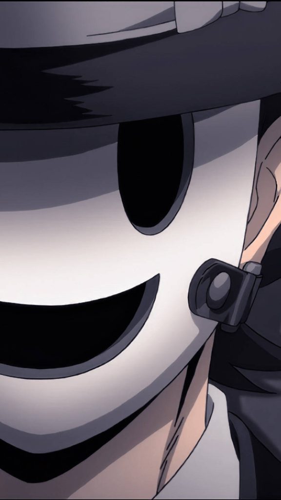High-Rise Invasion anime sniper mask wallpaper close-up fedora dark minimalist background