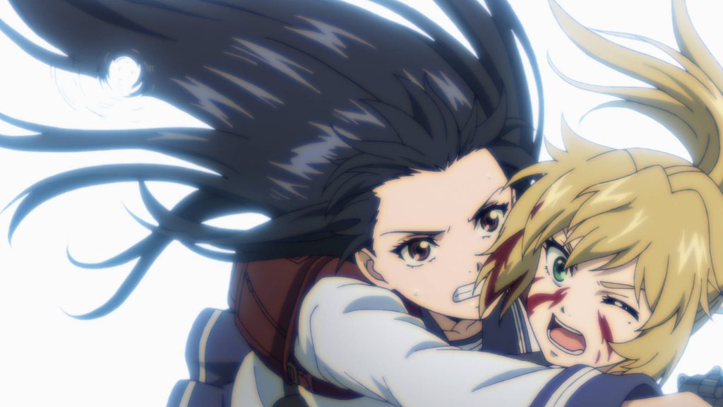 Yuri Honjo holding injured Mayuko Nise in High-Rise Invasion intense survival anime scene Wallpaper