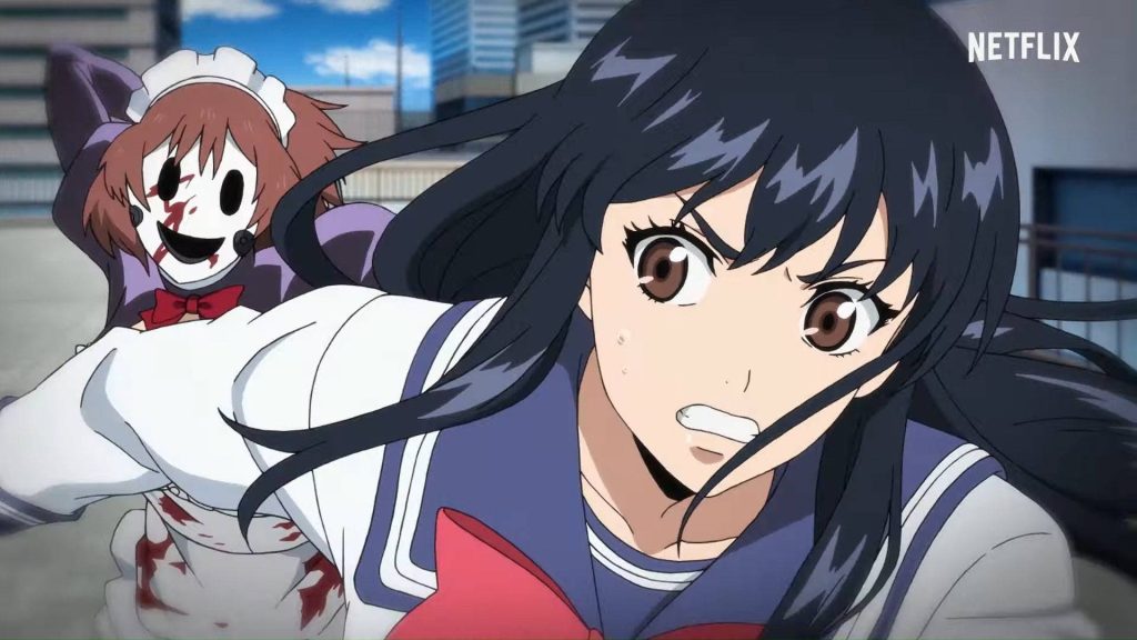 High-Rise Invasion wallpaper featuring Yuri Honjo escaping a threatening Maid Mask in anime horror scene