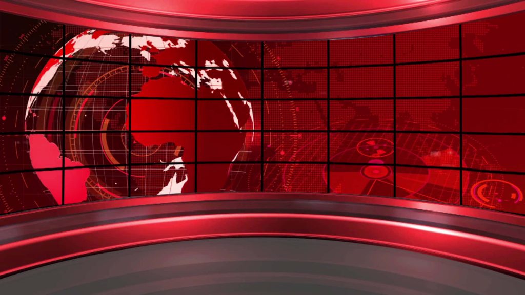 Sleek CGI news studio with curved video wall showing red global map and digital data grids Wallpaper