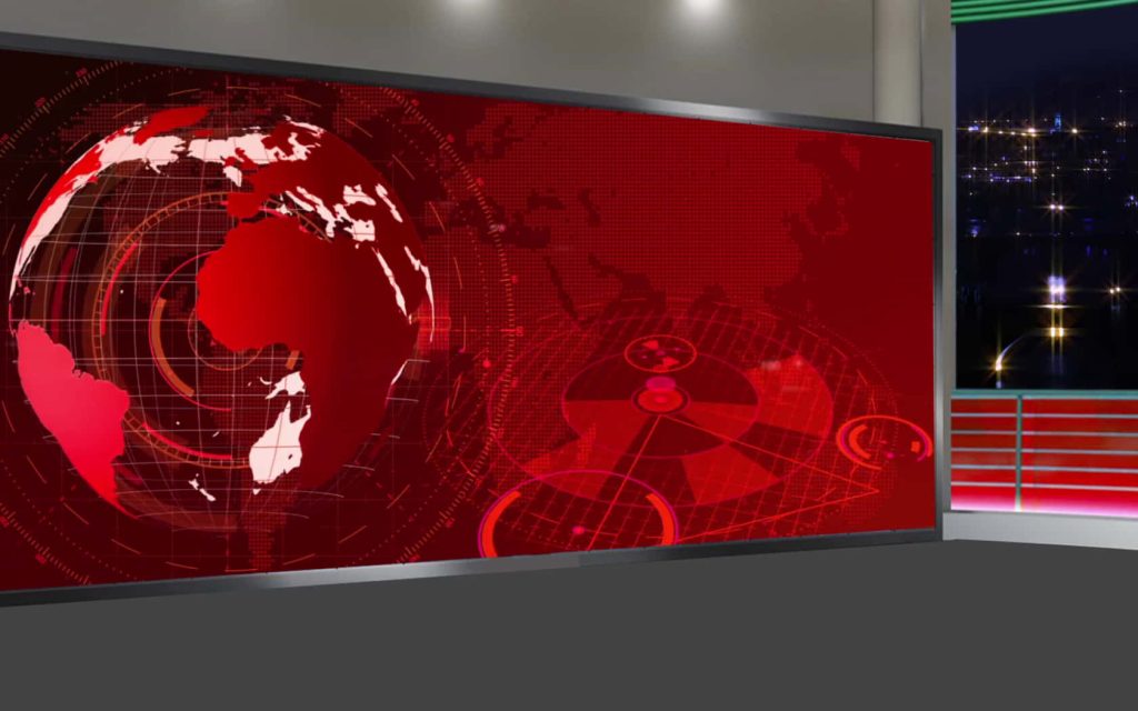 High-tech red globe radar HUD in sleek news studio with night city skyline for breaking news Wallpaper